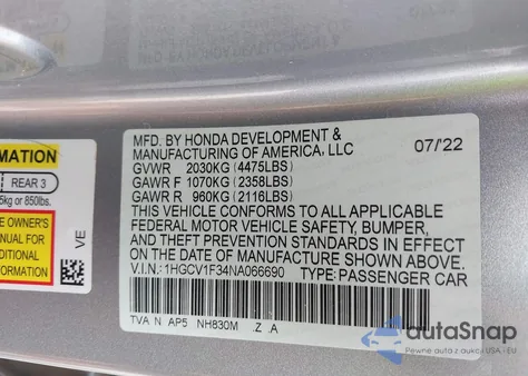 2022 Honda Accord Sport from USA, damaged, VIN 1HGCV1F34NA066690